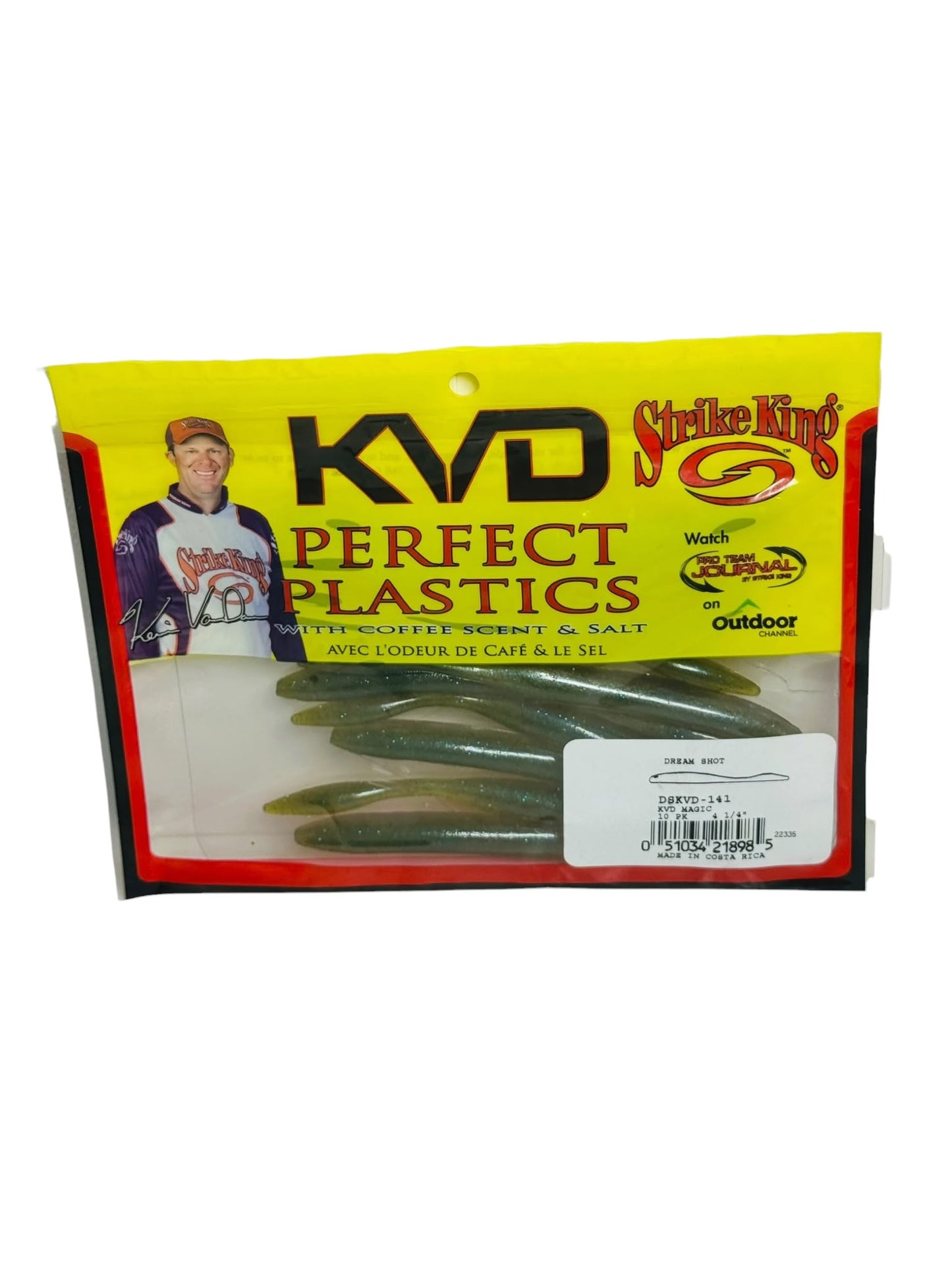 Package of Strike King KVD Perfect Plastics soft fishing lures with visible baits inside