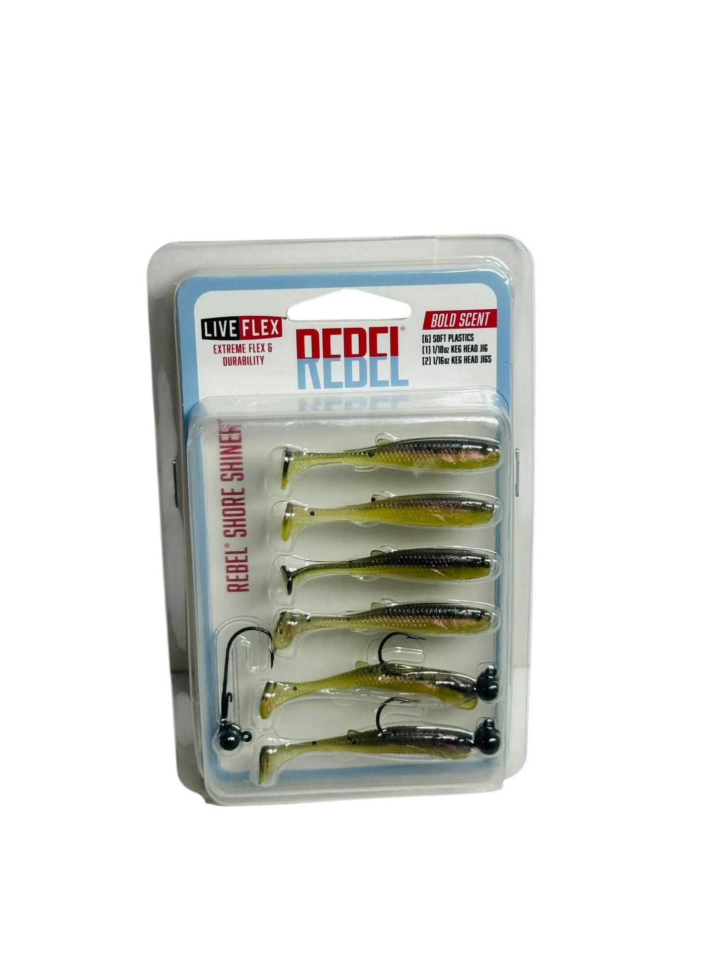 Rebel Shore Shiner Fishing Lure Kit with six soft plastic lures and jig heads in package