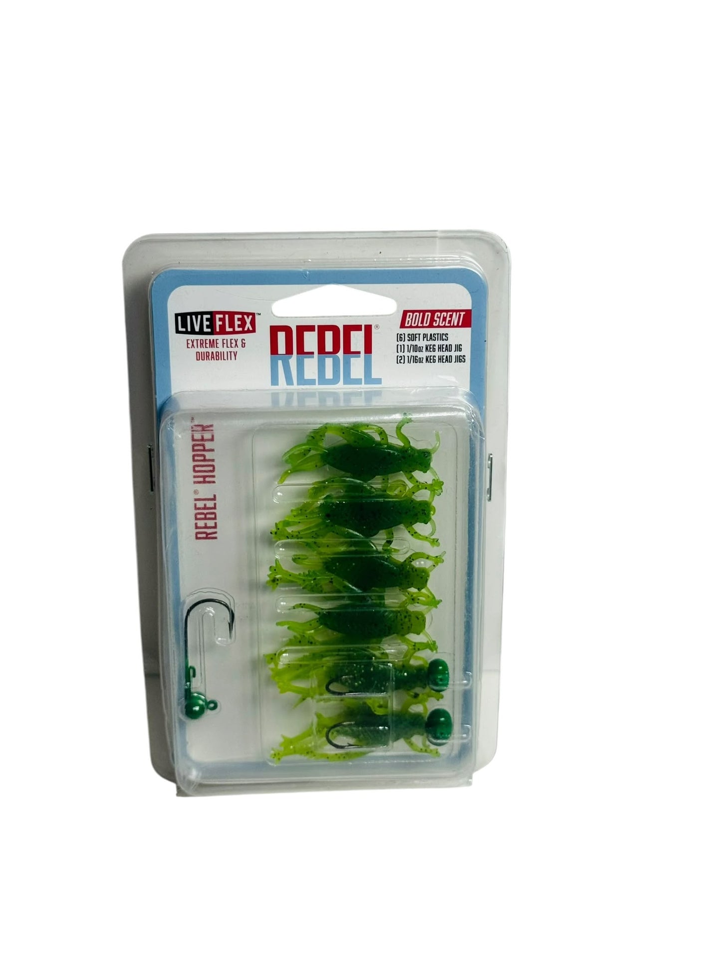 Rebel Hopper Live Flex green grasshopper fishing lure kit in retail packaging