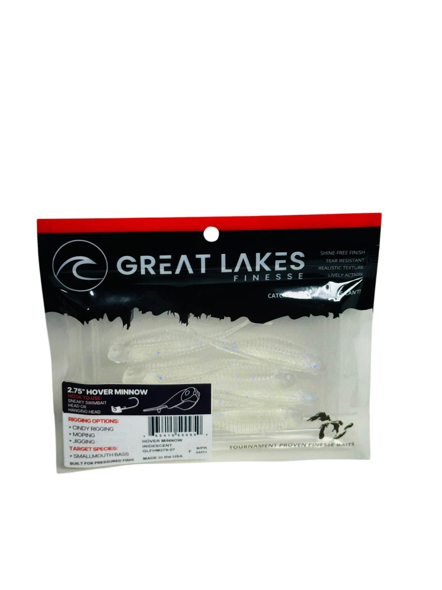 Front view of Great Lakes Finesse Hover Minnow soft plastic lures in packaging