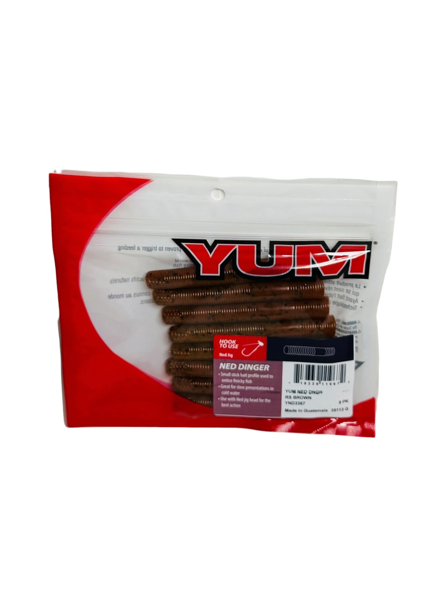 YUM Ned Dinger soft plastic baits in retail packaging