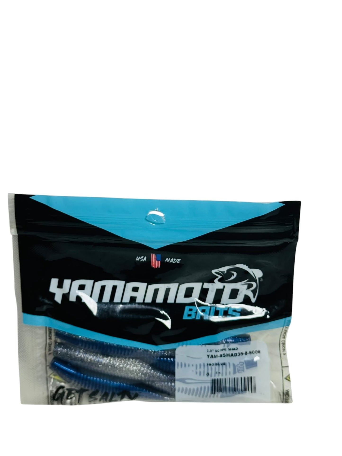 Yamamoto Baits soft plastic fishing lures in blue and silver packaging