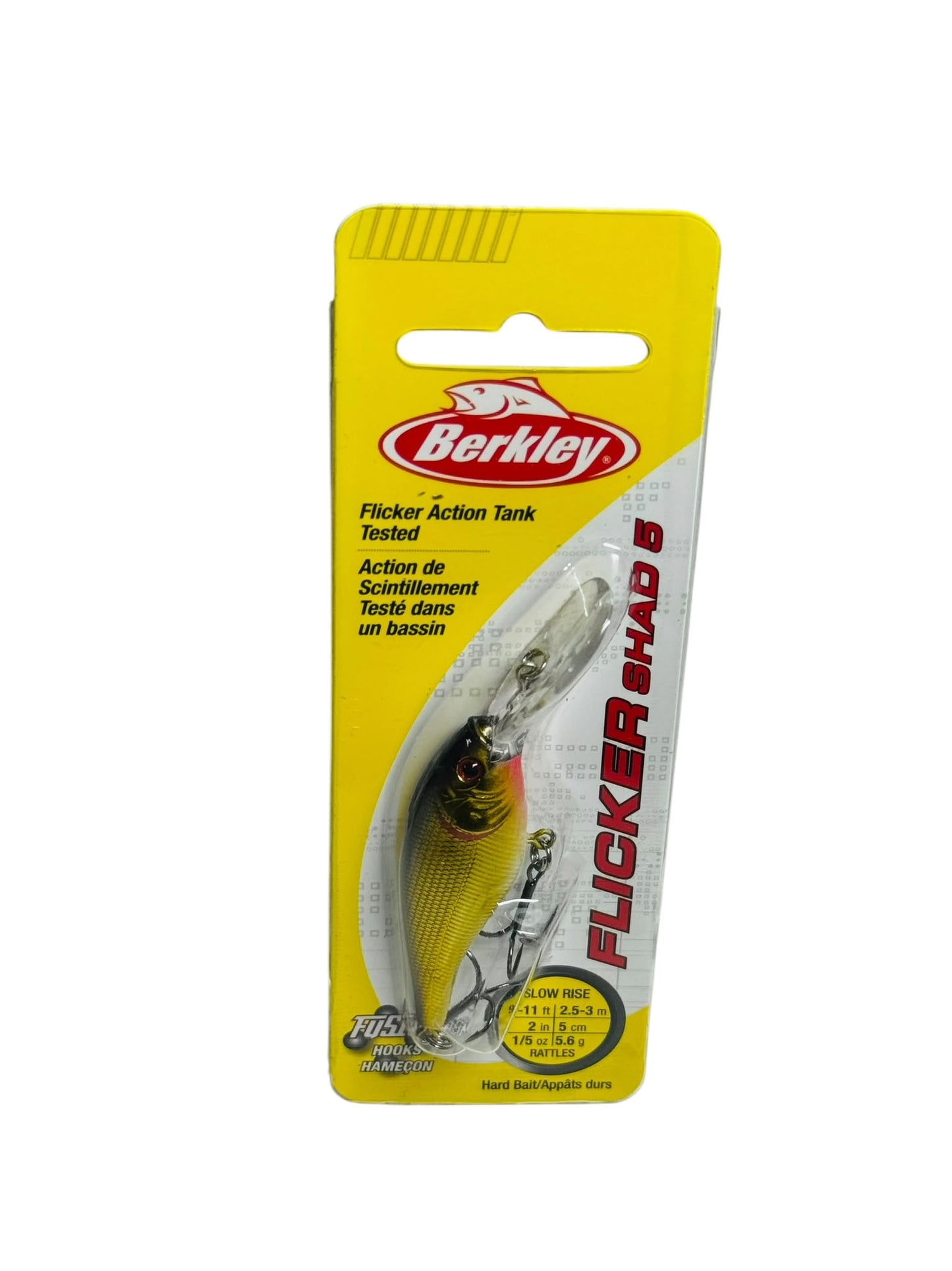 Berkley Flicker Shad 5 Fishing Lure in retail packaging, yellow and silver design with detailed features