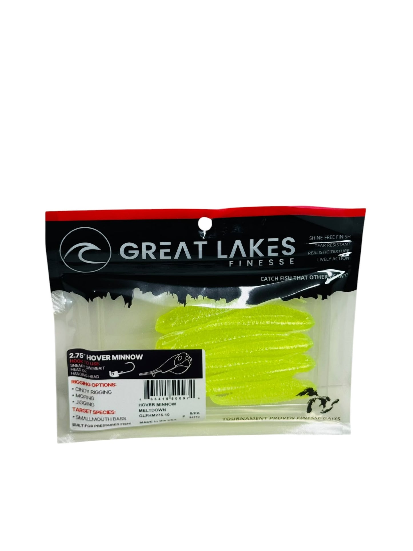 Package of Great Lakes Finesse Hover Minnow soft fishing bait in bright yellow
