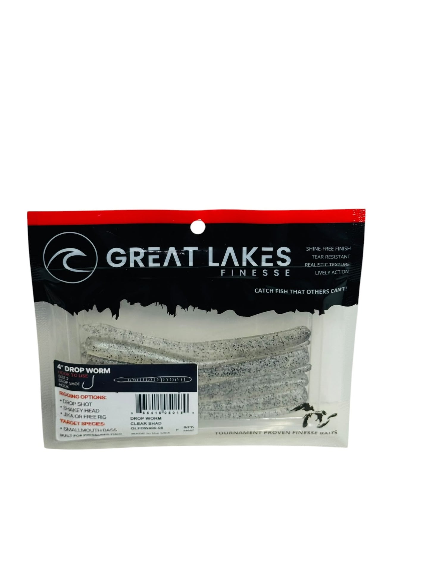Package of Great Lakes Finesse Drop Worm Bait in clear shad color