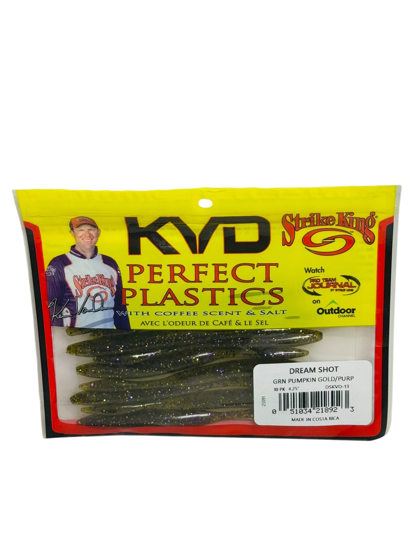 Package of Strike King KVD Perfect Plastics Dream Shot soft plastic fishing lures in green pumpkin gold and purple color
