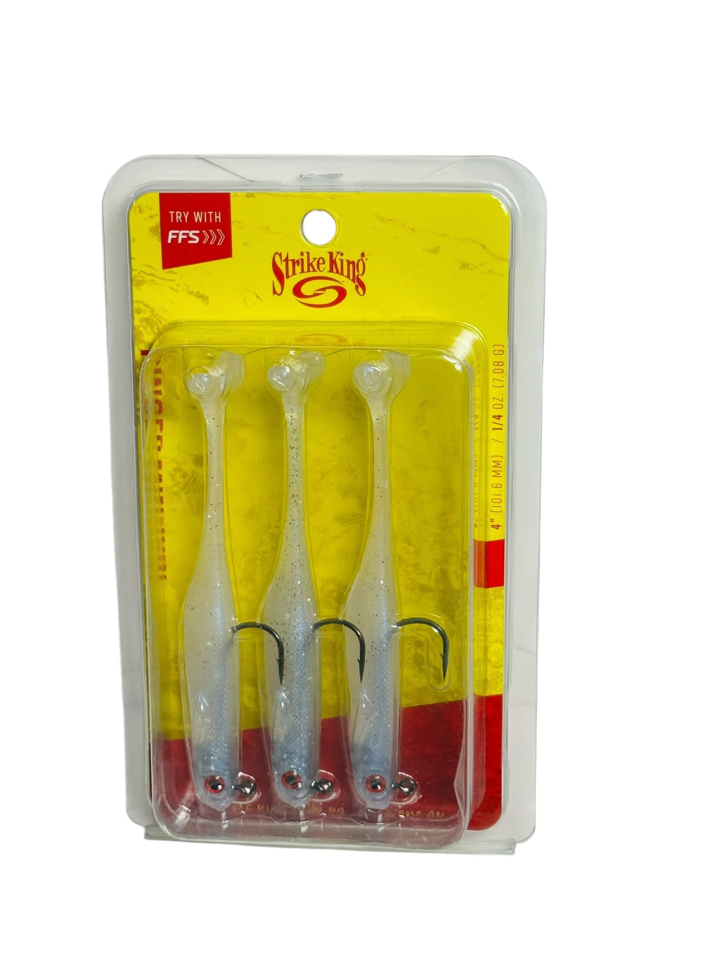 Pack of three Strike King soft plastic swim baits with hooks in clear packaging