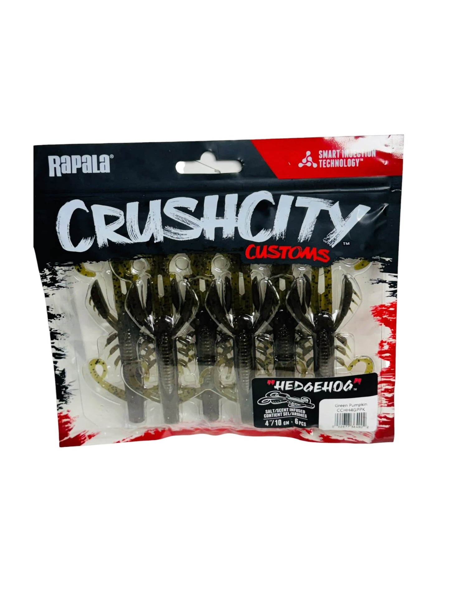 Package of Rapala CrushCity Customs Hedgehog soft plastic fishing lures, green pumpkin color, 6-piece set