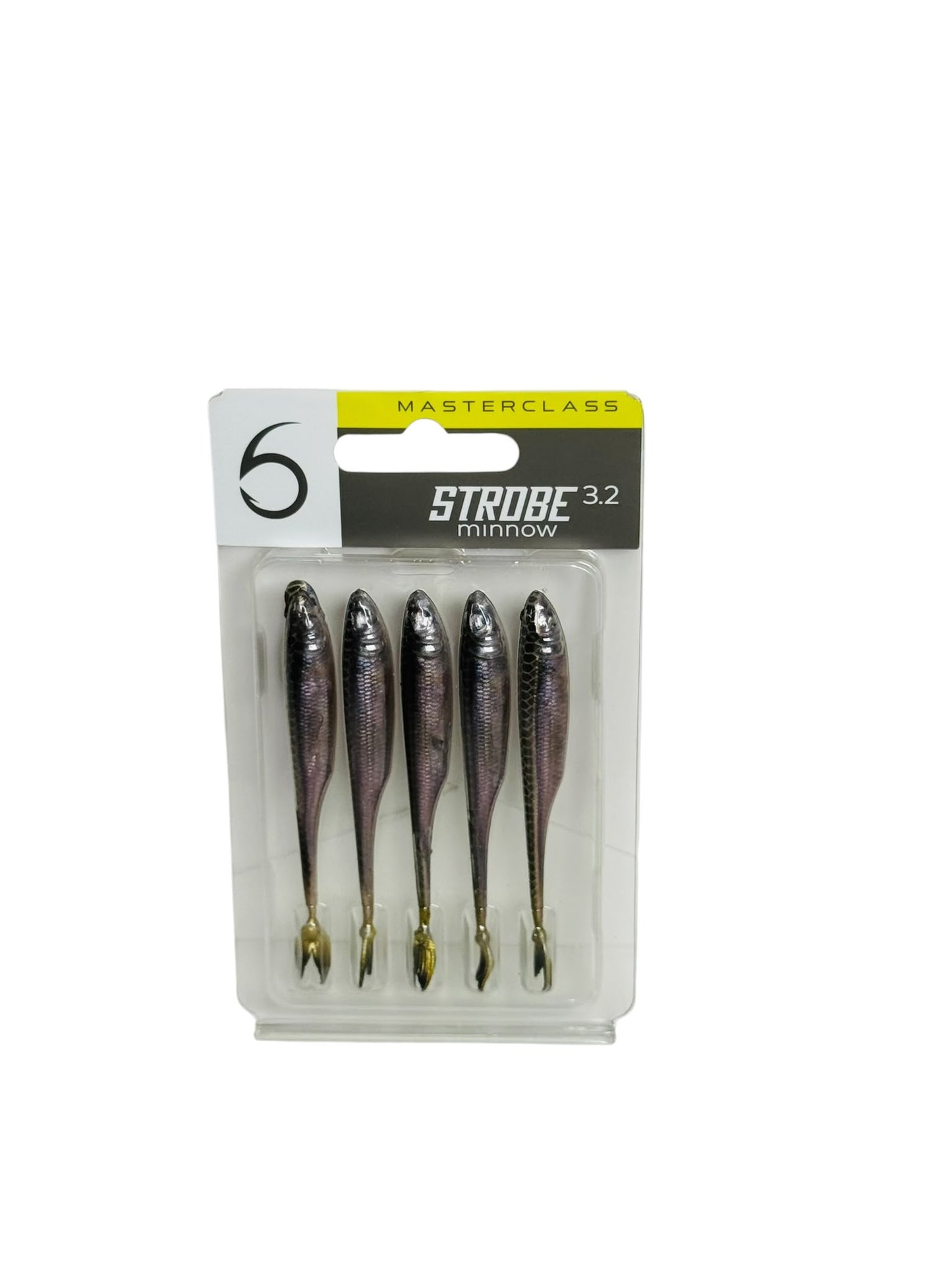 Pack of five Strobe Minnow soft fishing lures in retail packaging