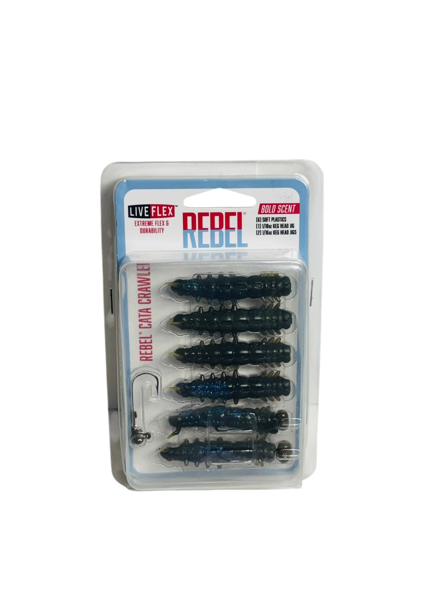 Rebel Cata Crawler Soft Bait Kit packaging featuring five soft baits and three jig heads