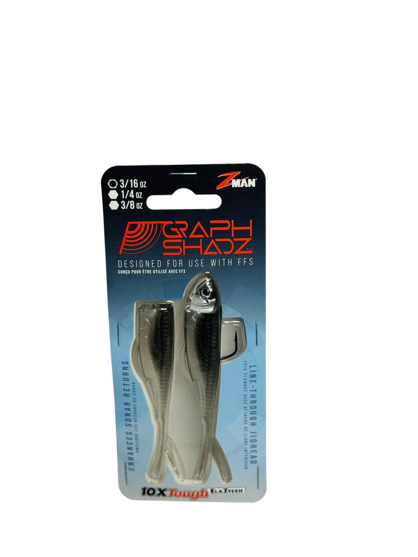 Package of Z-Man Graph Shadz fishing lures in clear and black, in retail packaging
