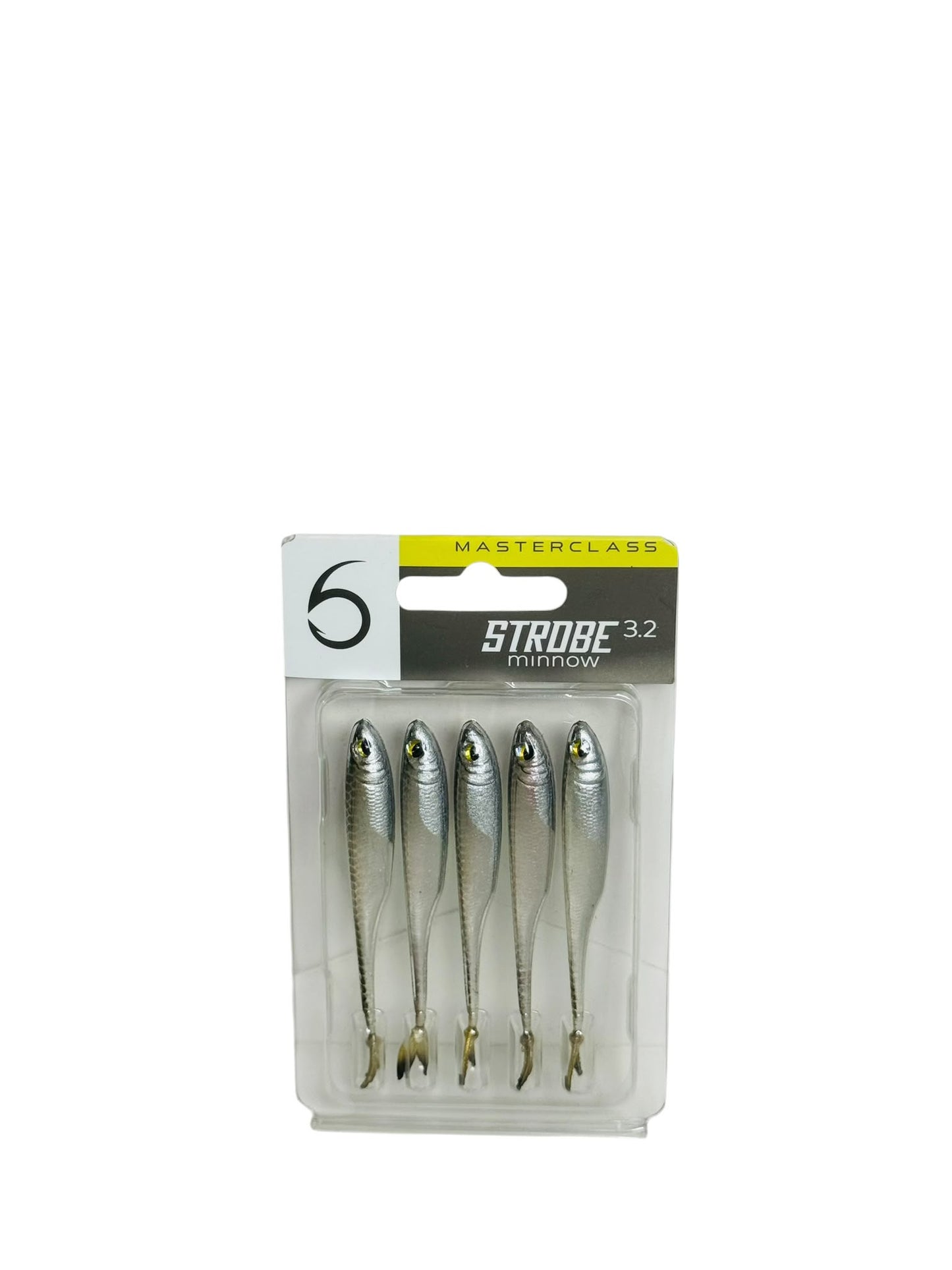 Pack of 5 Strobe Minnow soft fishing lures with silver and gold accents in clear retail packaging
