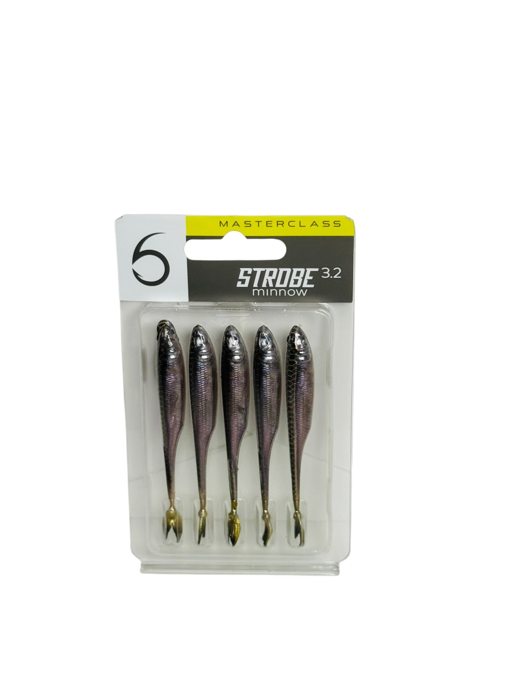 Pack of five fishing lures with packaging labeled 'Masterclass Strobe Minnow' on a white background.