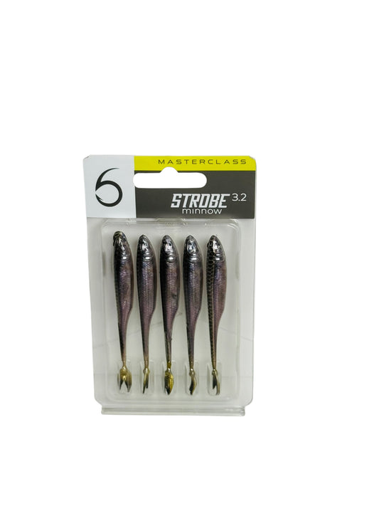 Pack of five fishing lures with packaging labeled 'Masterclass Strobe Minnow' on a white background.