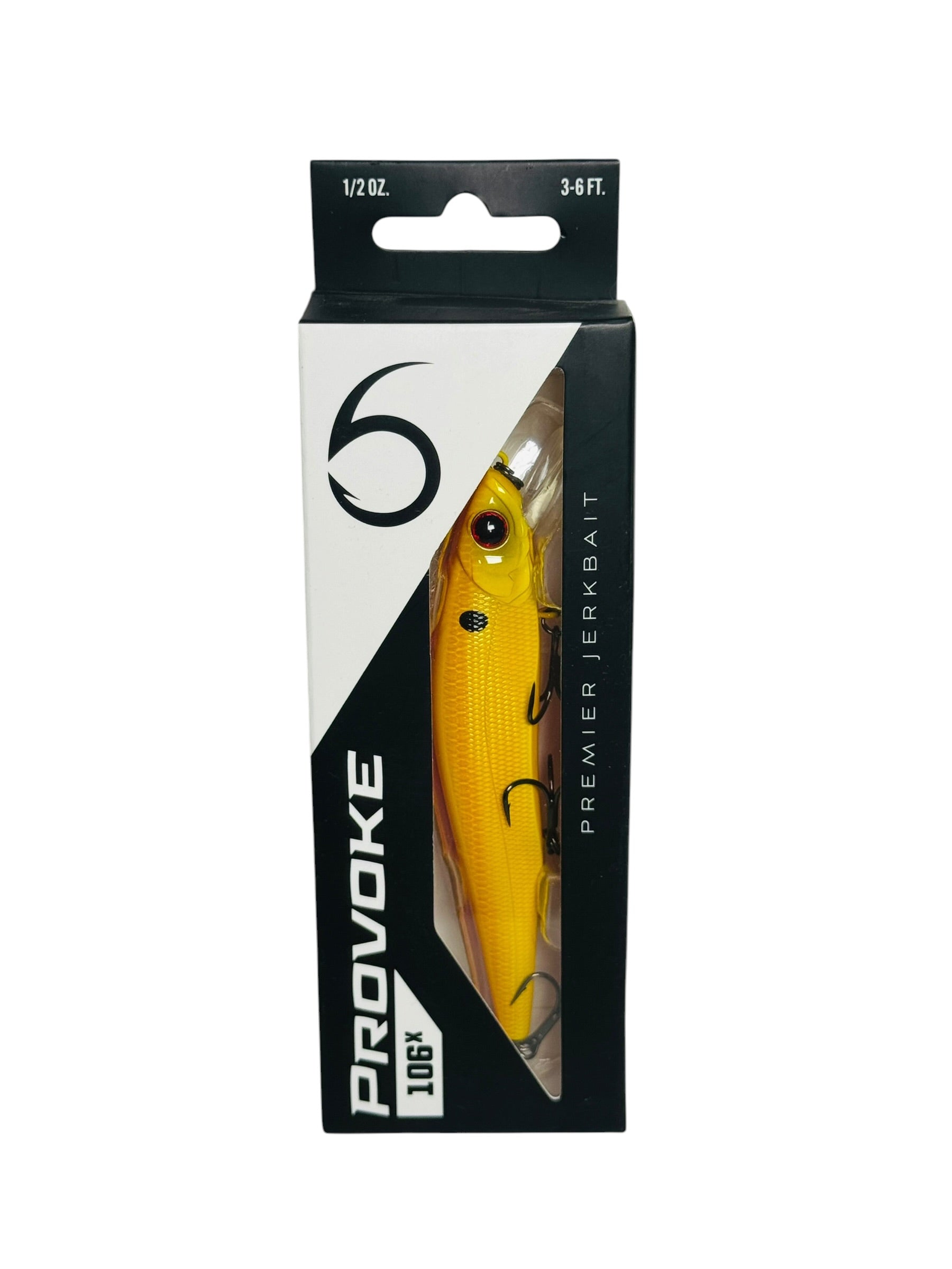Yellow fishing lure in a Provoke packaging on a white background