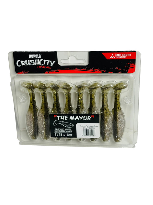 Rapala CrushCity The Mayor fishing lures, green pumpkin disco color, pack of 8 in retail packaging