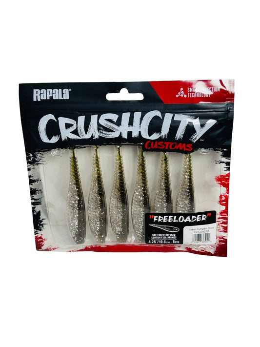 Rapala CrushCity Customs Freeloader soft plastic lures pack with green pumpkin and glitter finish