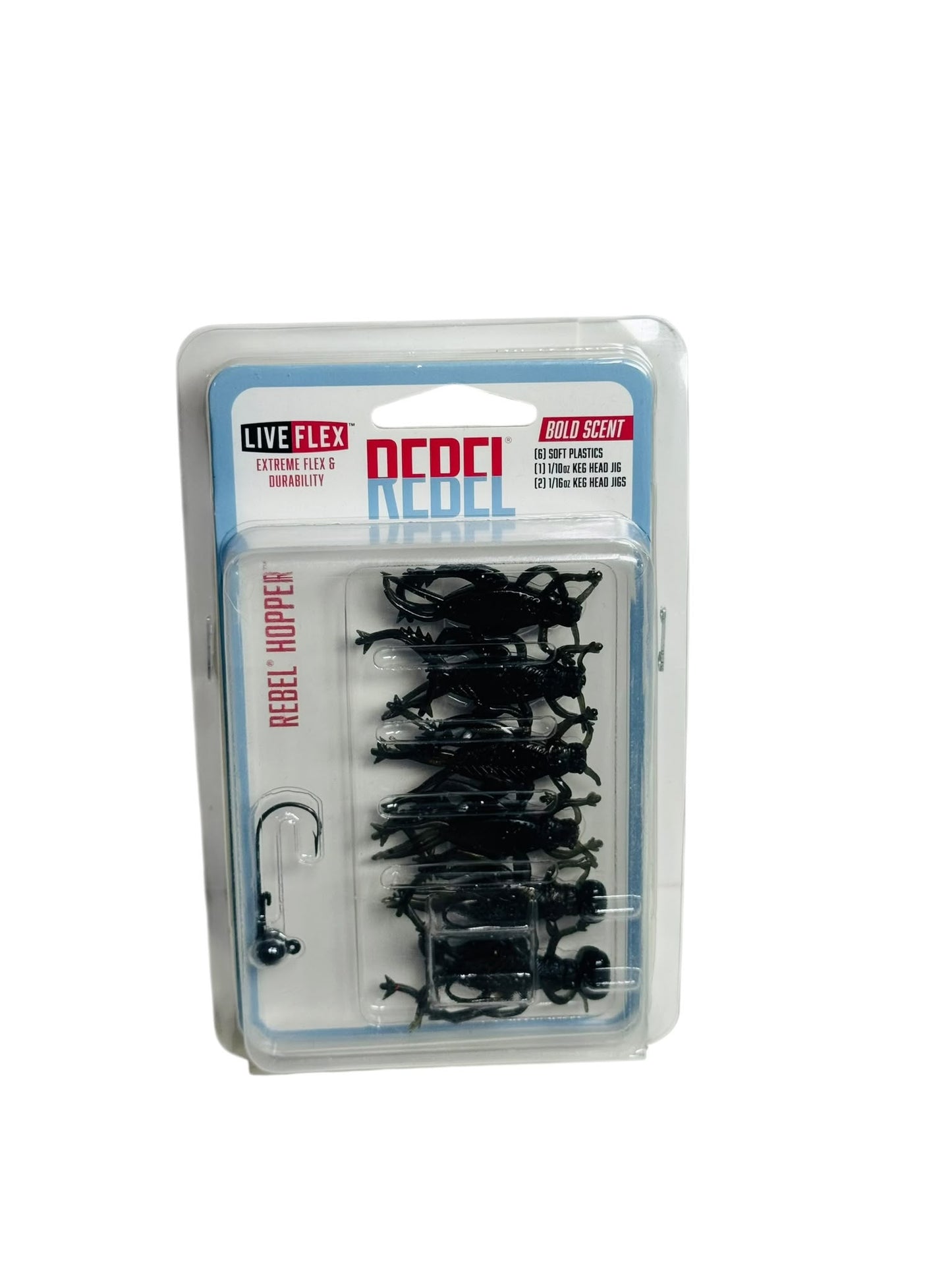 Rebel Hopper Live Flex fishing lure set with soft plastics and jig heads in retail packaging