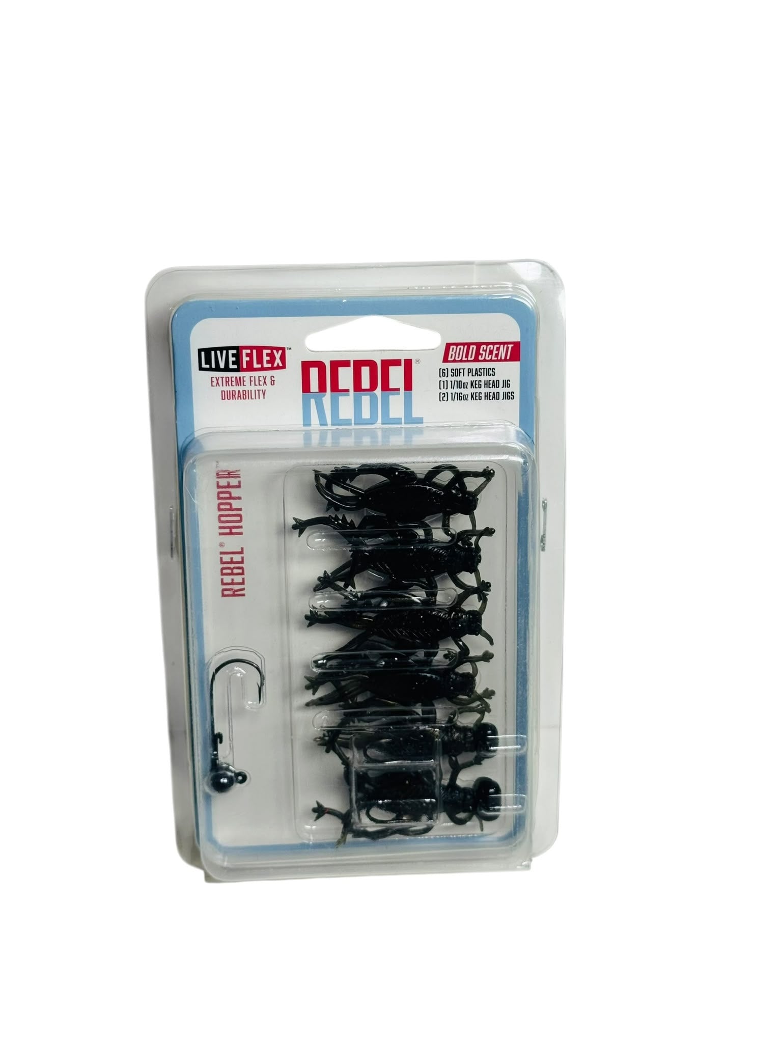 Rebel Hopper Live Flex fishing lure set with soft plastics and jig heads in retail packaging