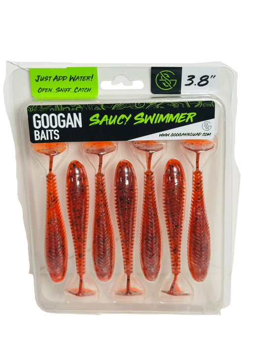 Pack of six Googan Baits Saucy Swimmer 3.8 inch soft fishing lures in orange with black speckles