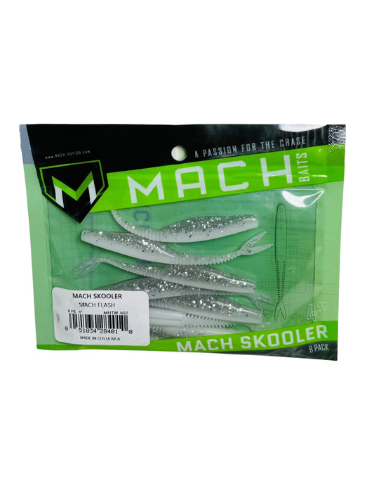 Package of Mach Skooler Mach Flash Soft Baits with glitter finish