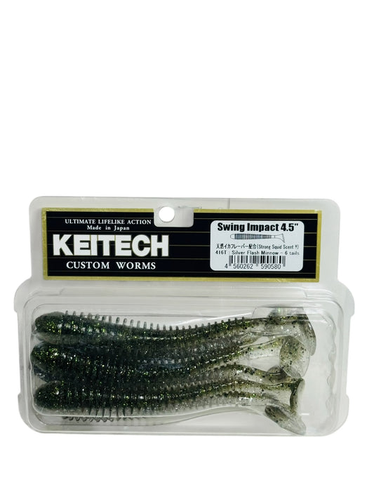 Keitech Swing Impact 4.5 inch custom fishing worms in Silver Flash Minnow color, pack of six