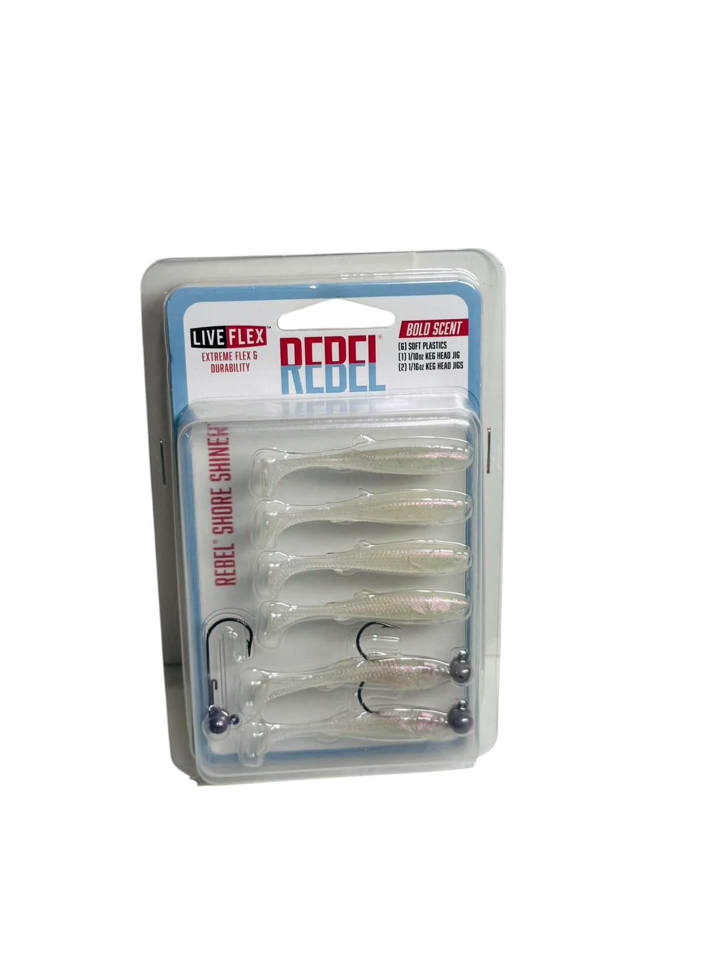 Rebel Shore Shiner Soft Plastics Kit with six soft lures and three jig heads in packaging