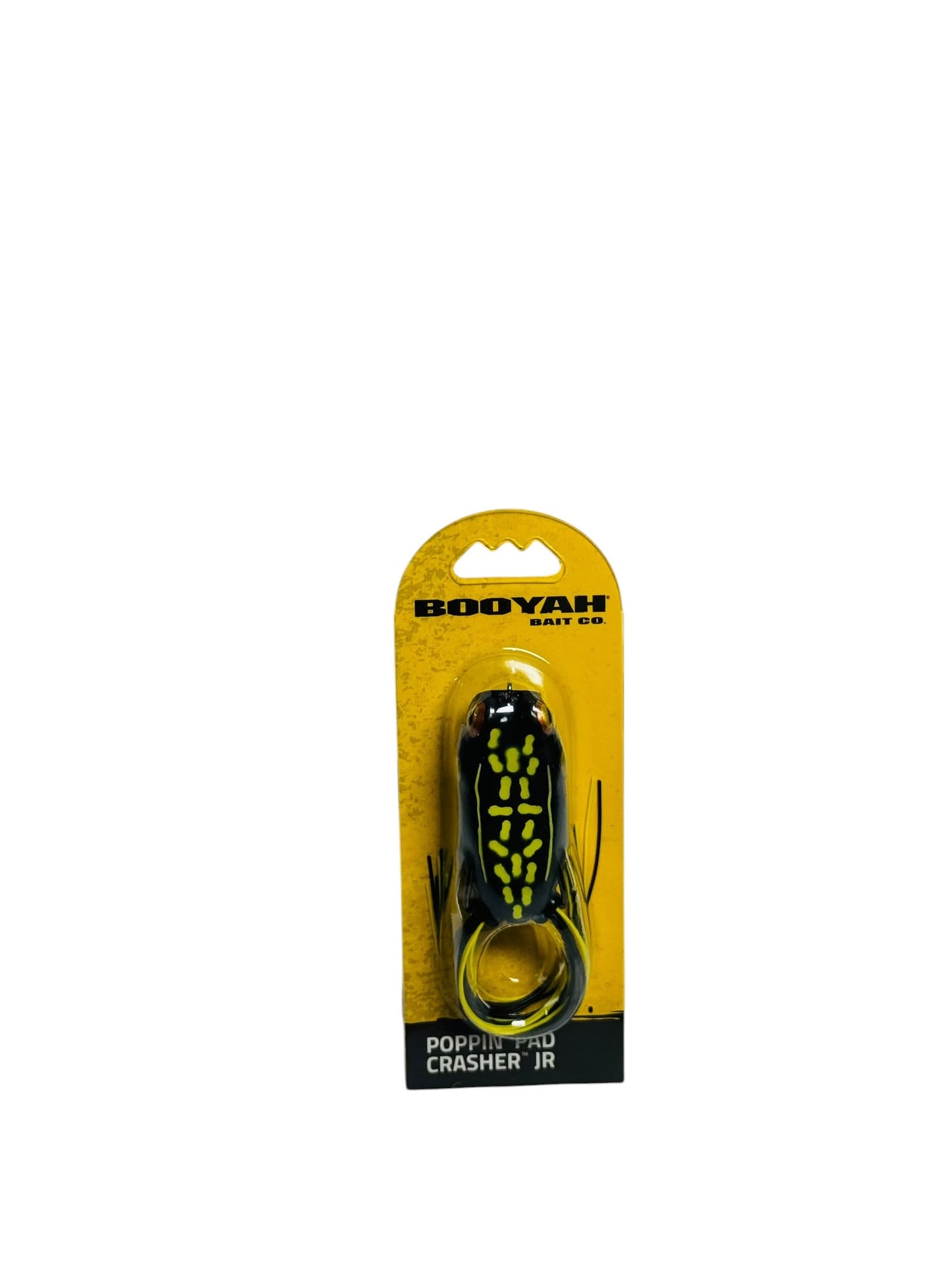 Booyah Poppin’ Pad Crasher Jr Fishing Lure in packaging, black with yellow markings, frog design