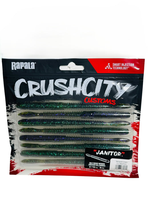 Package of Rapala CrushCity Customs Janitor soft plastic fishing lures in sprayed grass color