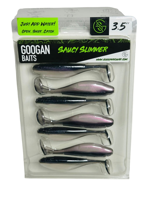 Googan Baits Saucy Slimmer soft lures in retail packaging, six shad-color baits