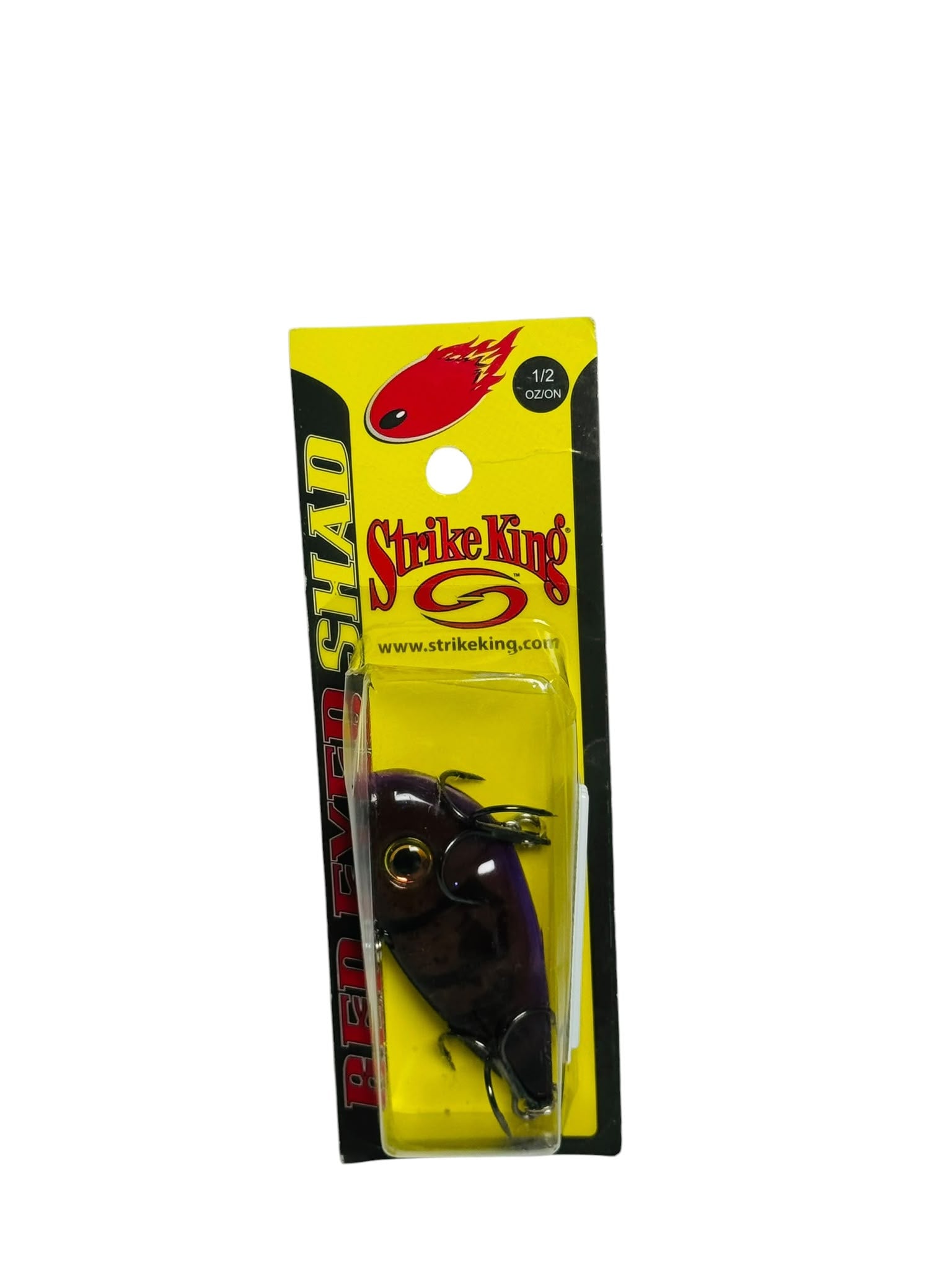 Strike King Red Eyed Shad Fishing Lure in retail packaging, showing purple and black lure with hooks
