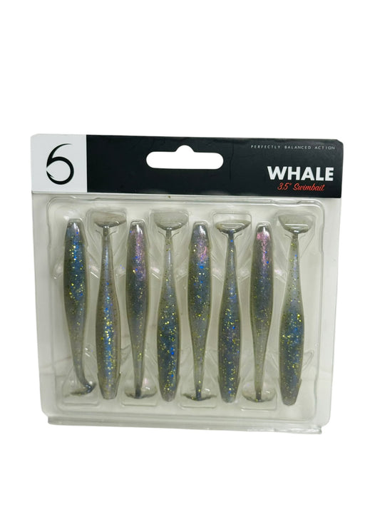 Pack of six Whale 3.5 inch swimbait fishing lures with a glitter finish