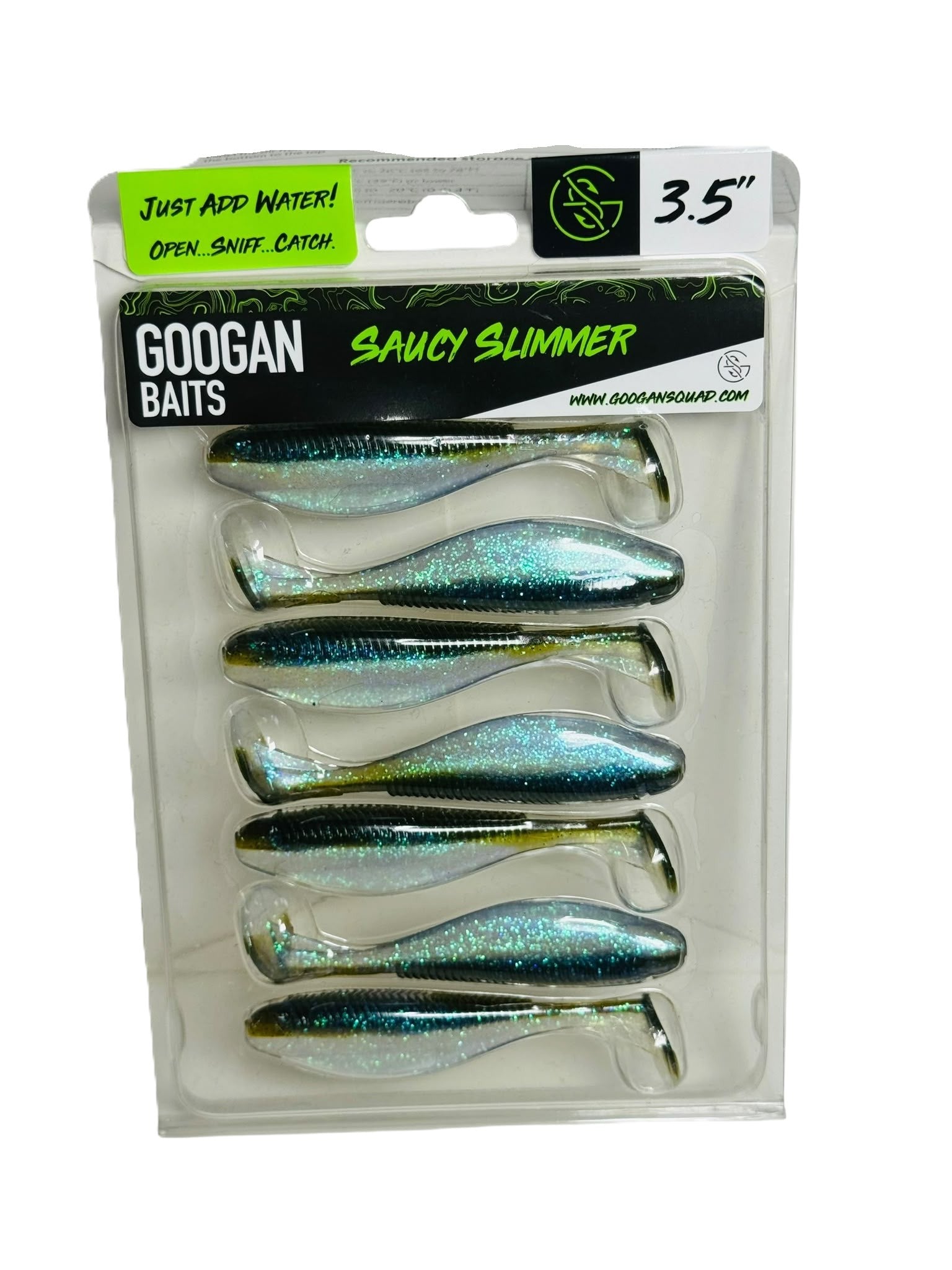 Package of Googan Baits Saucy Slimmer soft plastic fishing lures in blue and silver glitter finish.
