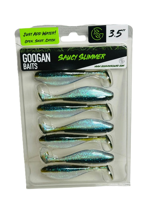 Package of Googan Baits Saucy Slimmer soft plastic fishing lures in blue and silver glitter finish.