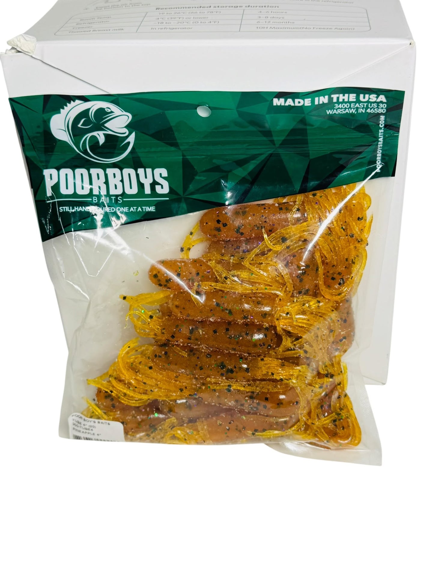 Clear pouch of Poorboys Baits hand-poured fishing lures with glitter detail