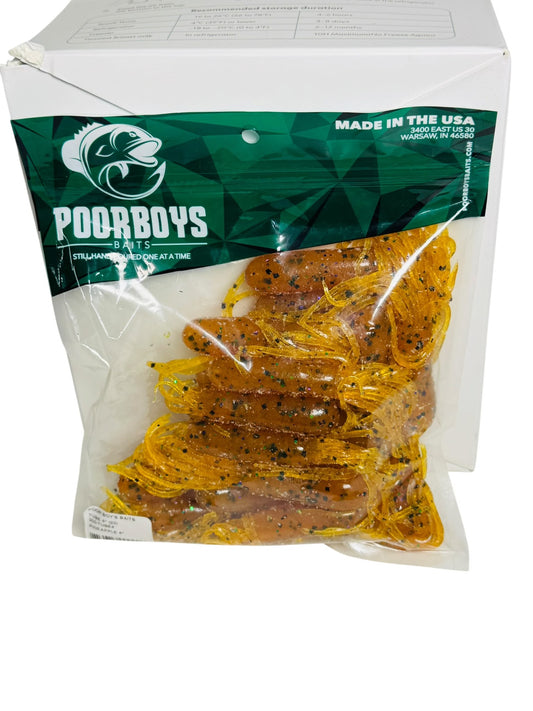 Clear pouch of Poorboys Baits hand-poured fishing lures with glitter detail