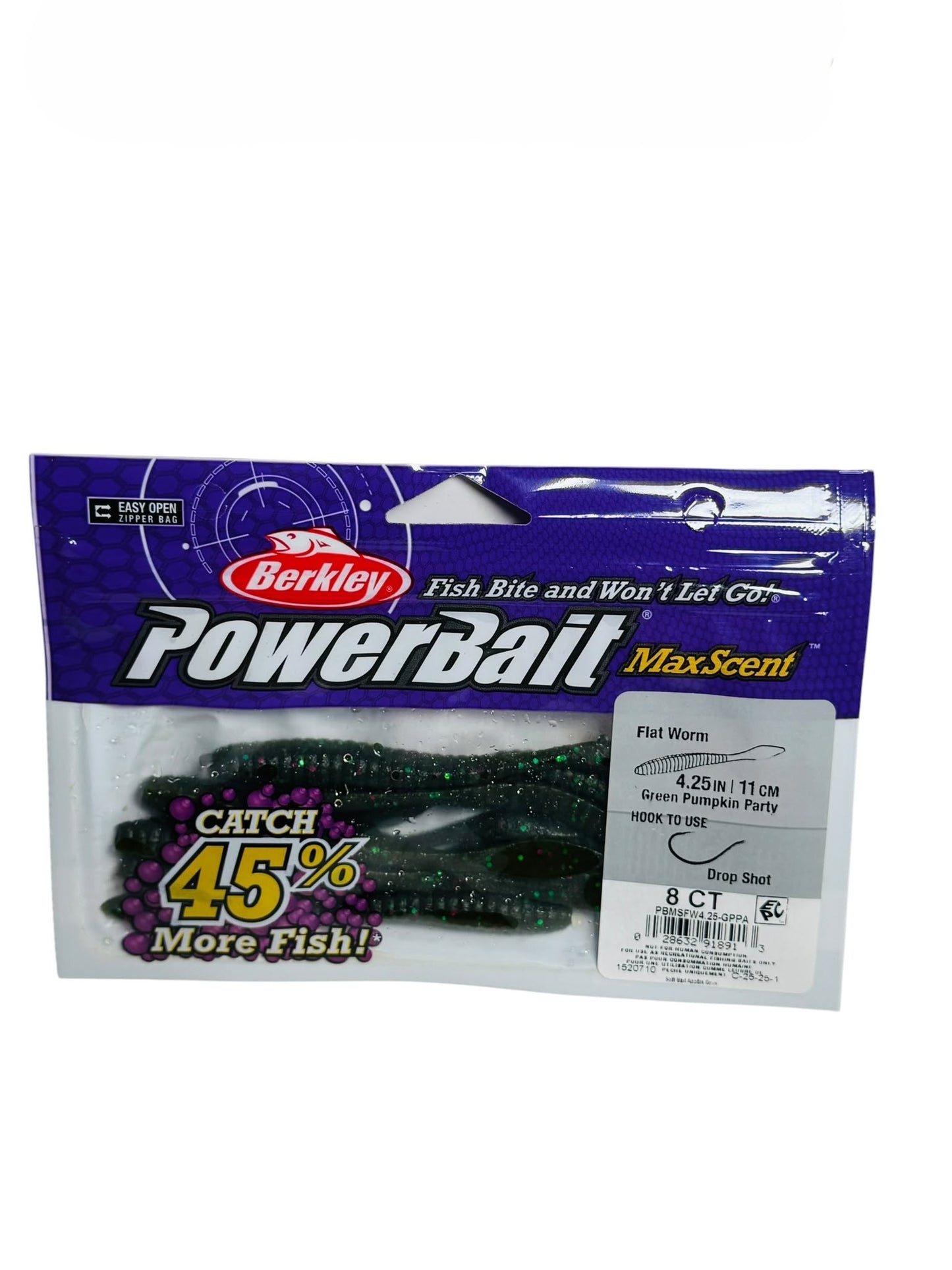 Berkley PowerBait MaxScent Flat Worm Lures in packaging, Green Pumpkin Party color