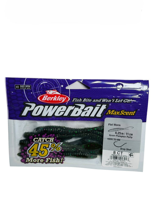 Berkley PowerBait MaxScent Flat Worm Lures in packaging, Green Pumpkin Party color