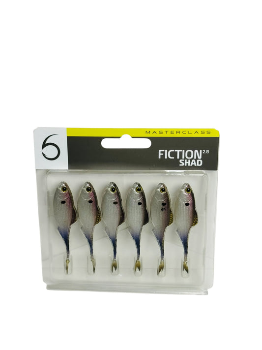 Five Masterclass Fiction Shad fishing lures in a clear retail package