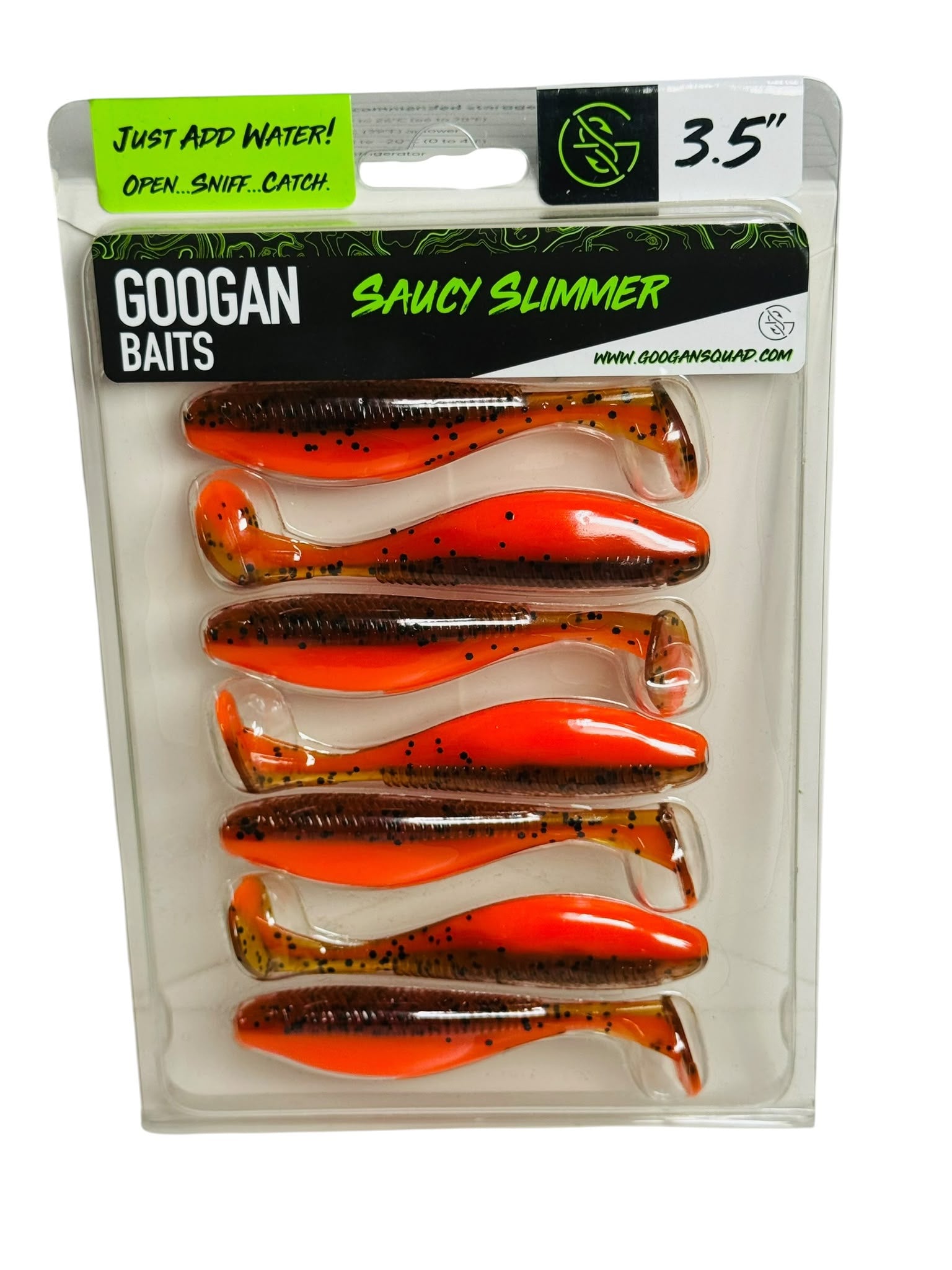 Googan Baits Saucy Slimmer 3.5 inch soft plastic fishing lures in orange and brown, packaged set of six.