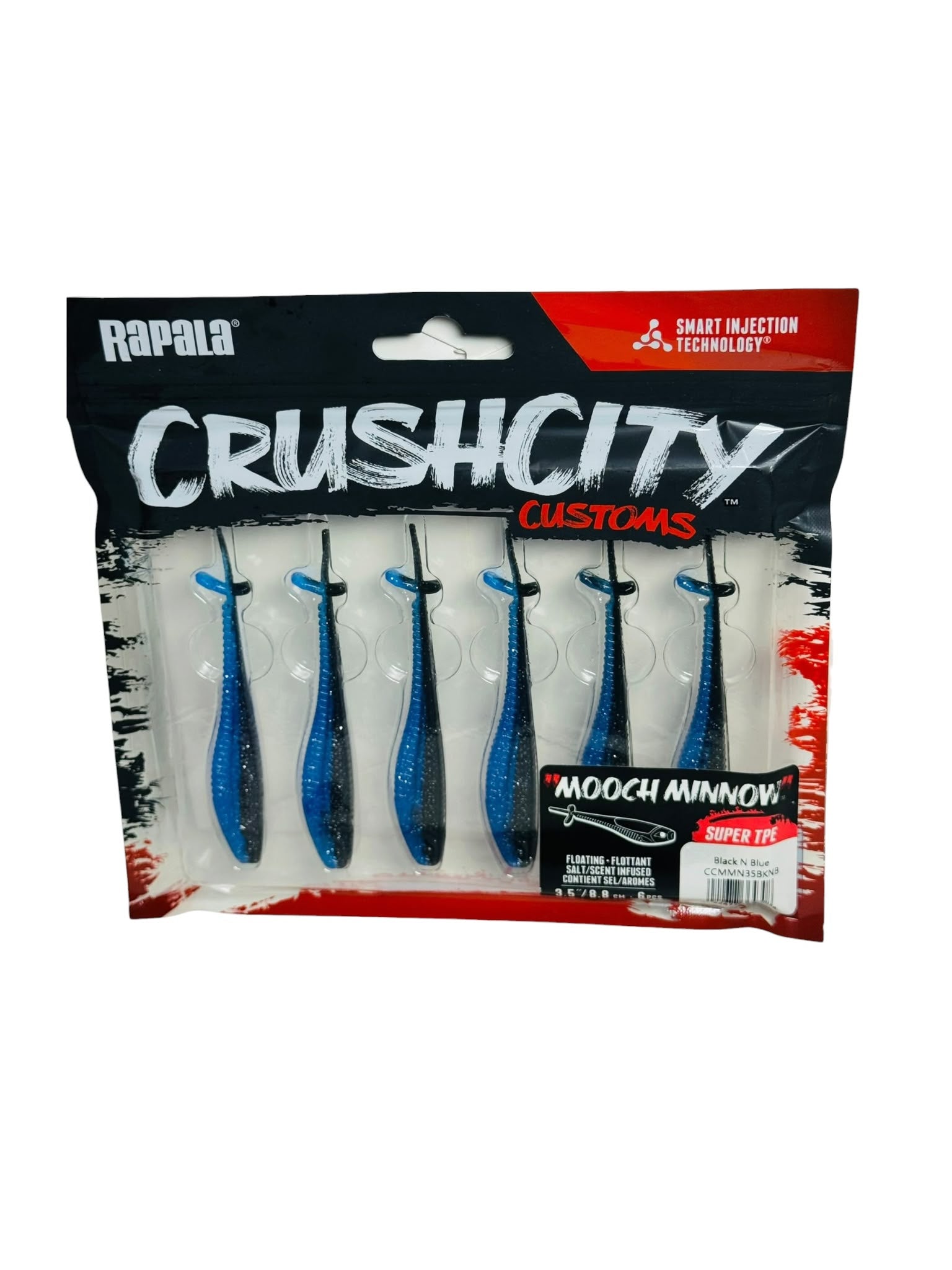 Six-pack of Rapala CrushCity Mooch Minnow black and blue soft fishing lures in retail packaging