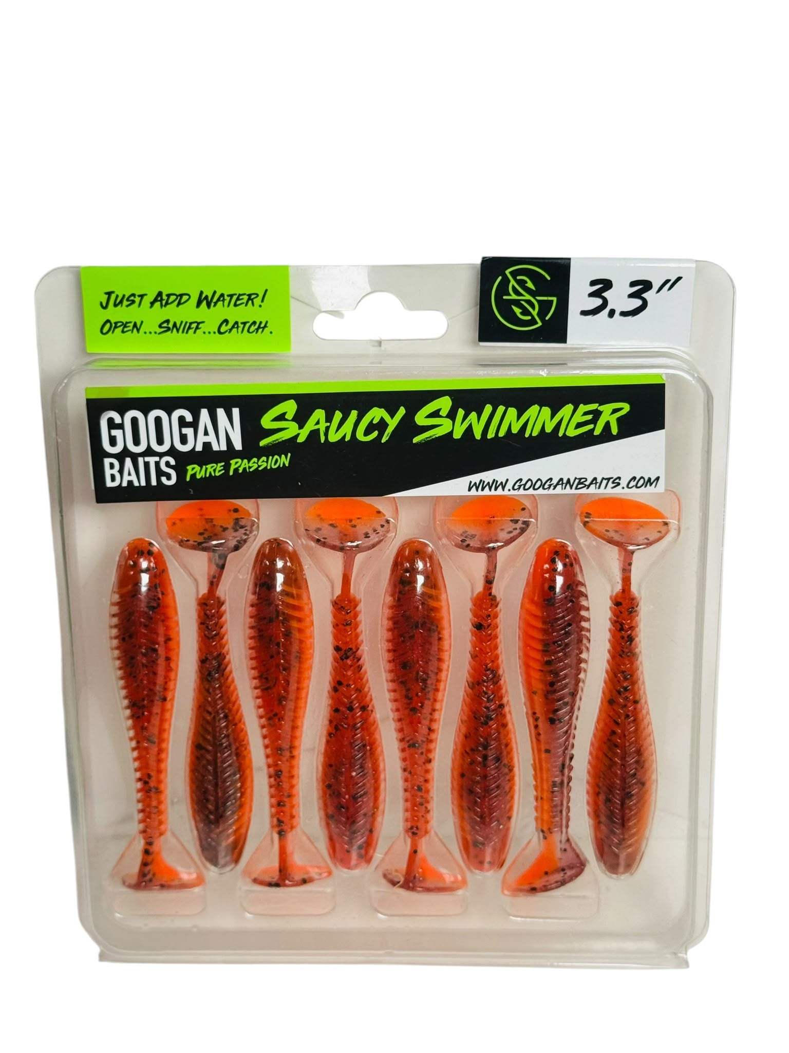 Googan Baits Saucy Swimmer orange soft plastic fishing lures in retail packaging