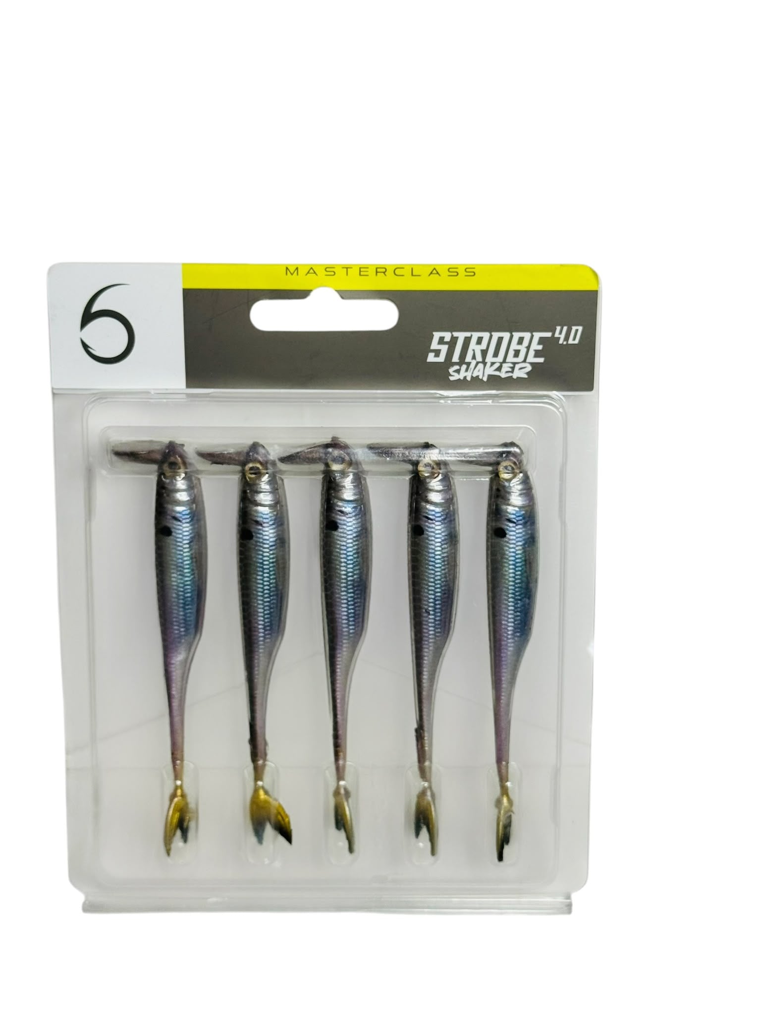 Pack of five Strobe Shaker 4.0 fishing lures in clear packaging