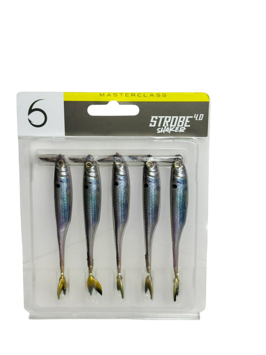 Pack of five Strobe Shaker 4.0 fishing lures in clear packaging