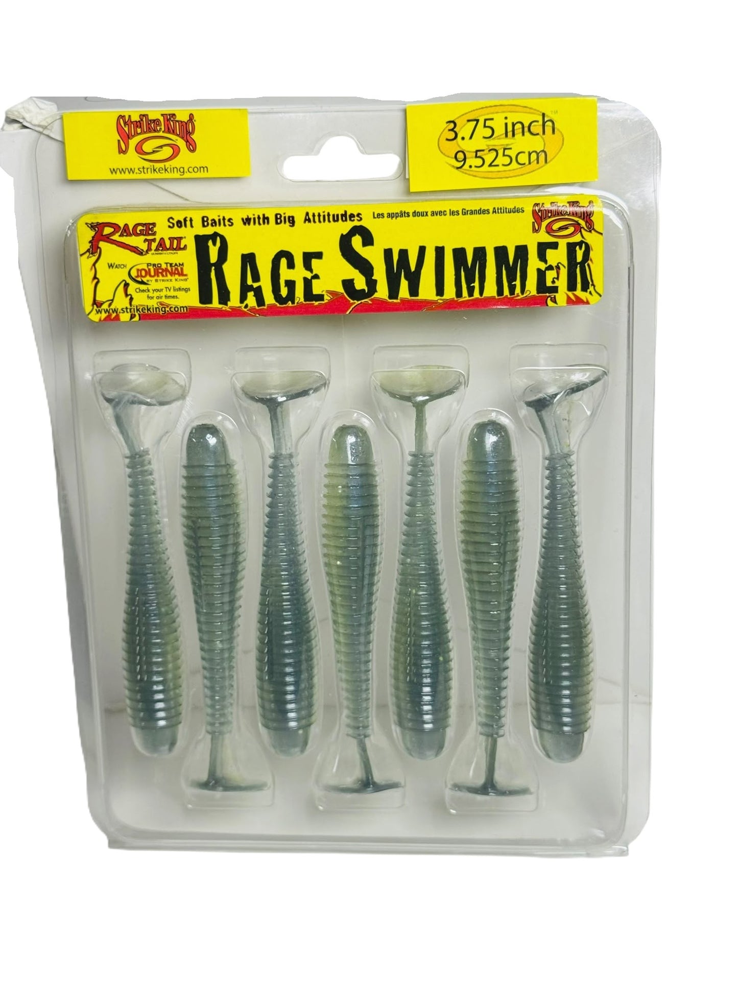 Pack of six Strike King Rage Swimmer Soft Baits in clear packaging
