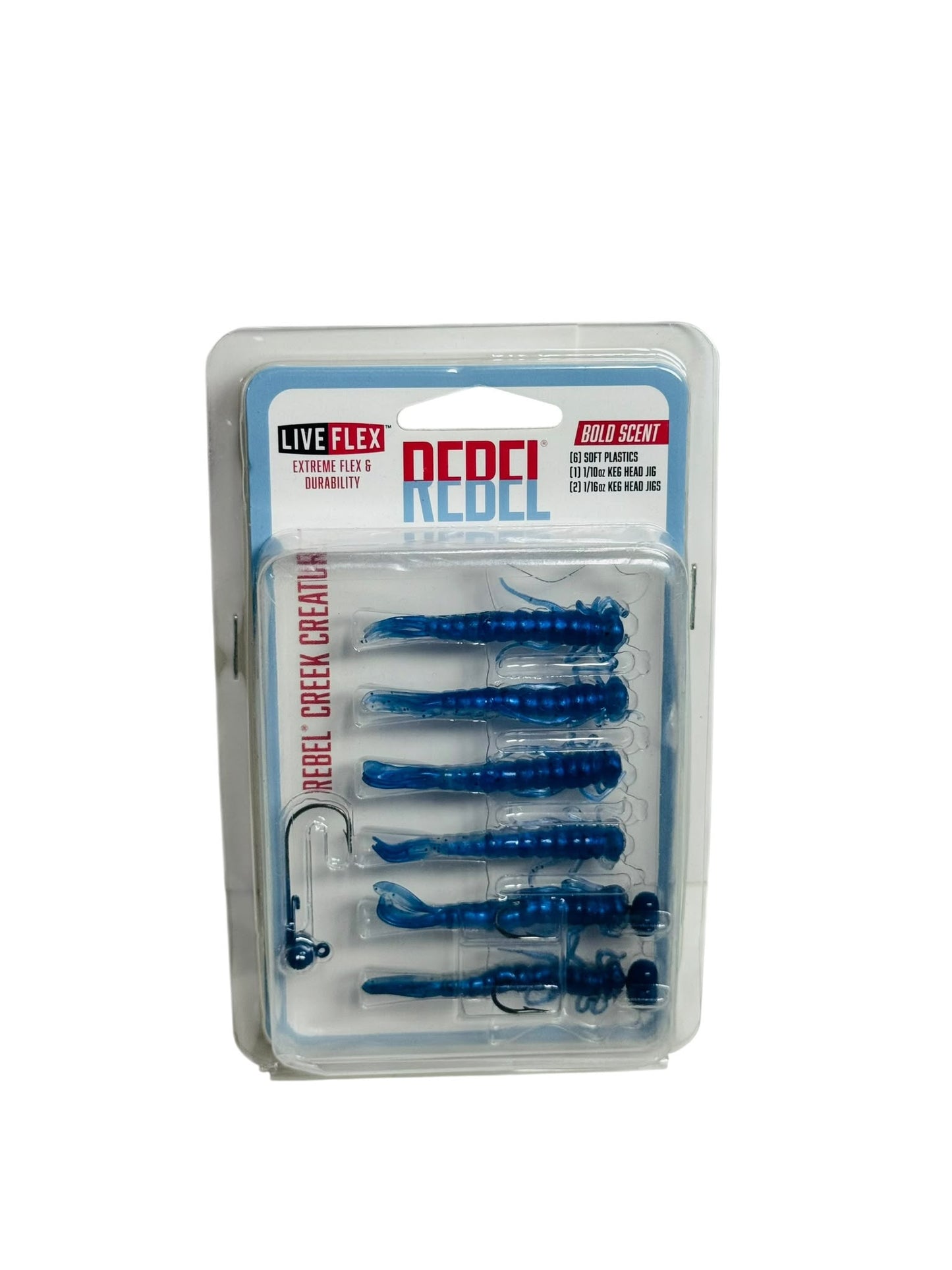 Rebel Creek Creature Soft Lure Kit in packaging, showing blue soft plastic lures and jig heads