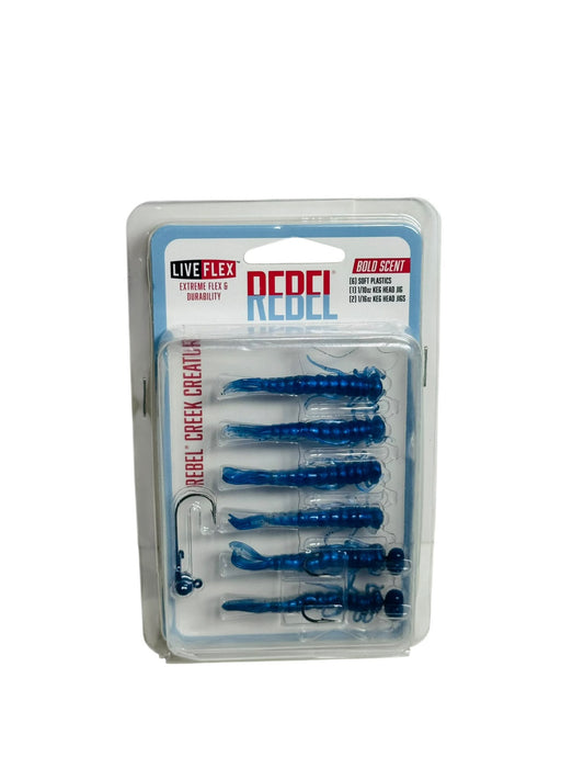 Rebel Creek Creature Soft Lure Kit in packaging, showing blue soft plastic lures and jig heads