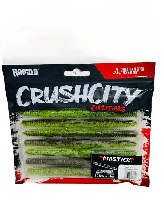 Rapala CrushCity Customs Pigstick green pumpkin chartreuse pepper fishing lures in retail packaging
