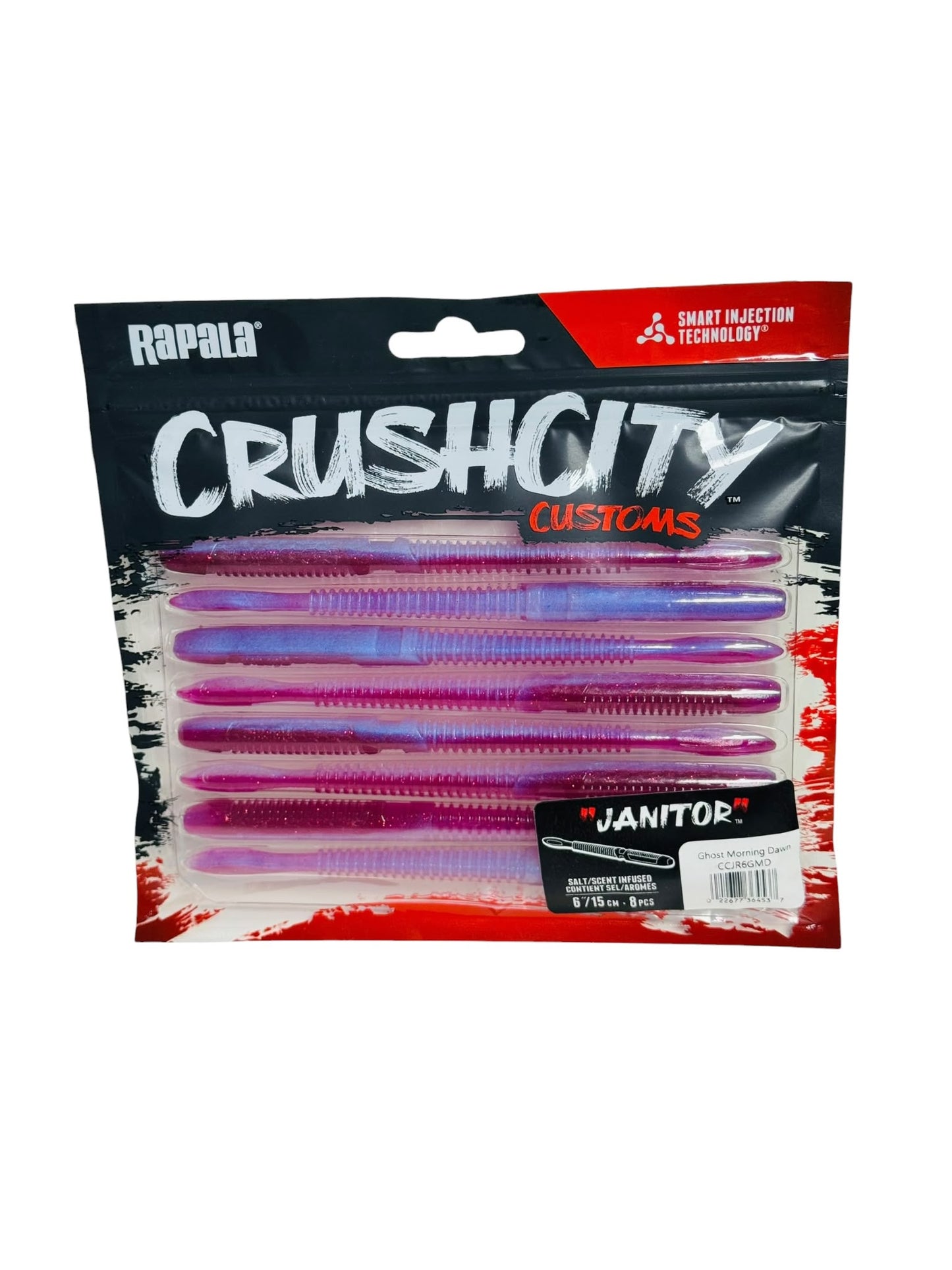 Pack of Rapala CrushCity Janitor soft baits in purple and blue