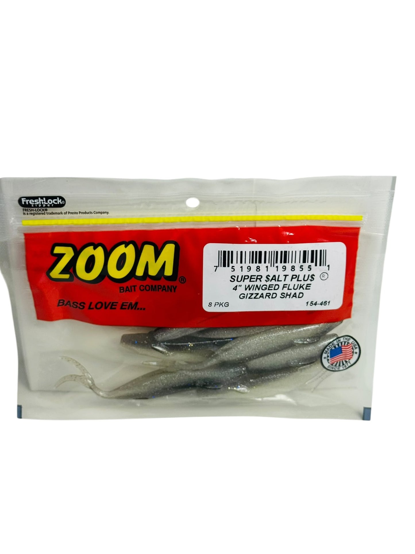 Package of Zoom Super Salt Plus 4-inch Winged Fluke Gizzard Shad fishing baits